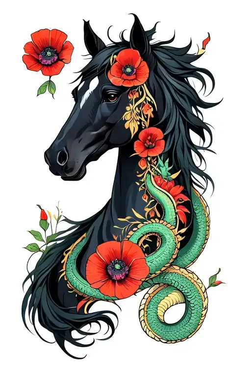 kelpie horse with poppy flowers and a serpent dragon neck and head full arm sleeve tattoo design idea