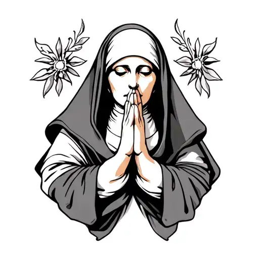 female hands in prayer with the sleeves of the mantle of the nun tattoo design idea