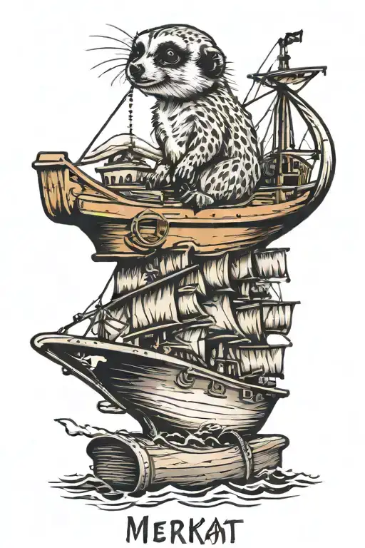 meerkat, books, pirate ship sailing through stormy tattoo design idea