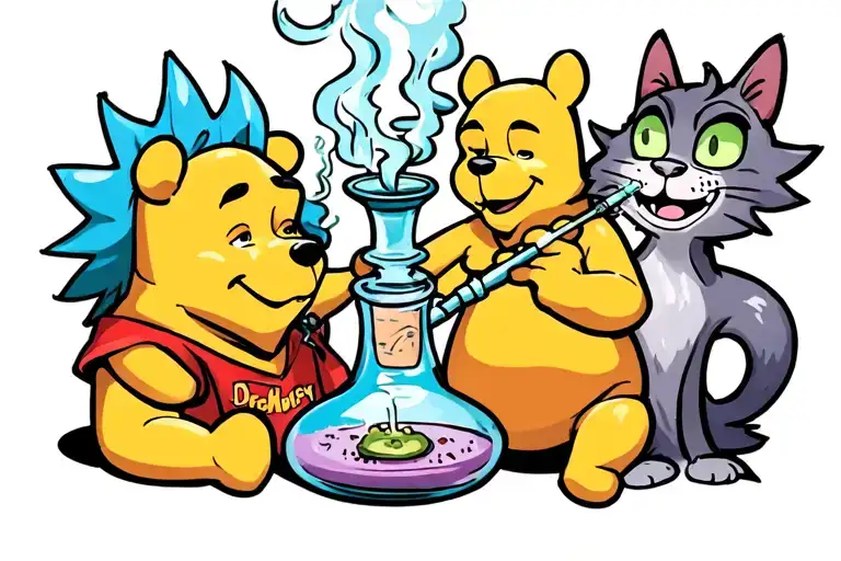 Winnie the Pooh smoking a joint with Rick and Morty passing the bong with the Cheshire Cat smoking hookah tattoo design idea
