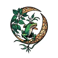 Kambo frog, ayahuasca branch with leaves, waning crescent moon tattoo design idea
