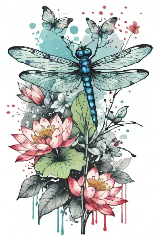 Dragonfly resting on a lotus flower with cherry blossom petals falling around them tattoo design idea