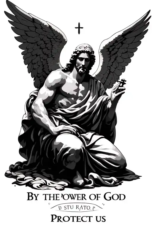 "By the power of God protect us" st Michael archangel kneeling before god holding tattoo design idea