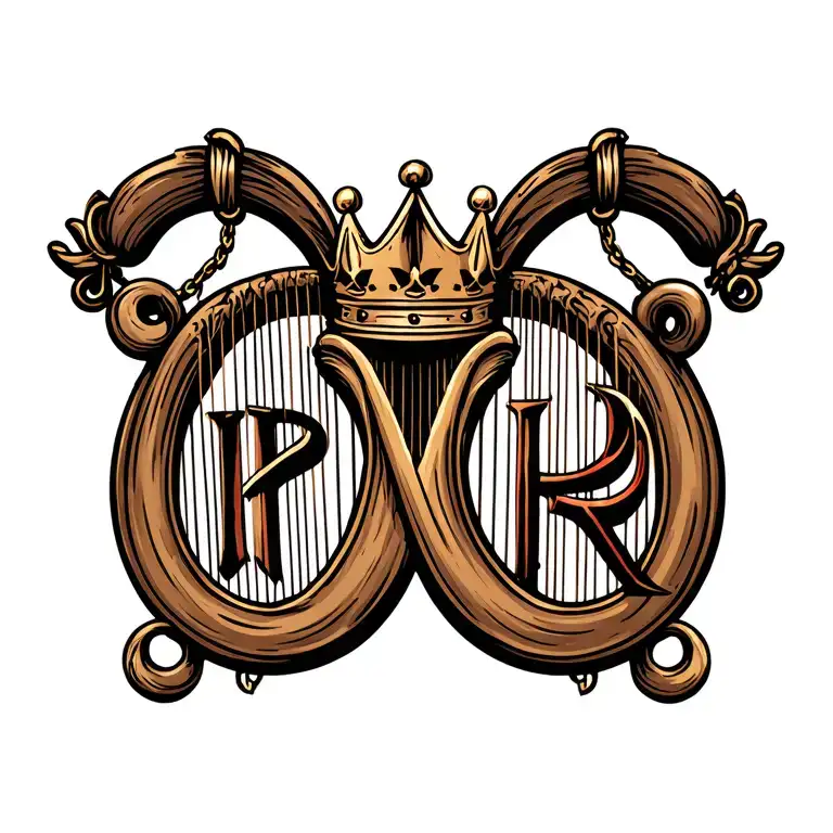 harp with crown hanging with h and r tattoo design idea