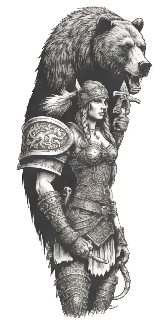 bear and viking female warrior tattoo design idea