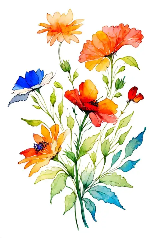 wildflowers, art nouveau style, orange, blue, red, green, brown tattoo design idea