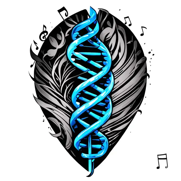 combine DNA, treble cleft, music notes, accent blue color, for a man tattoo design idea