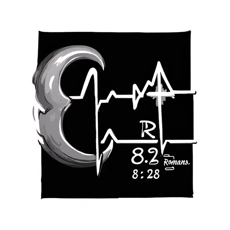 Create a cool tattoo design for romans 8:28 including a semicolon, a heartbeat with a flatline in middle, and a cross tattoo design idea