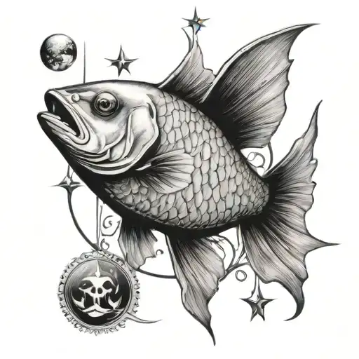 tarot card Pisces fish with moon background  tattoo design idea