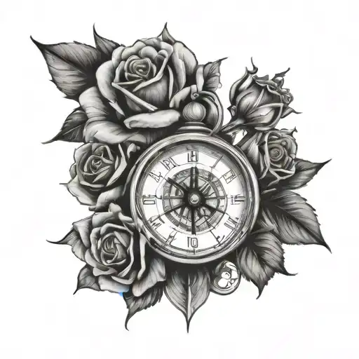 Rose, clock, compass, face tattoo design idea