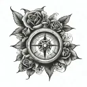 Rose, clock, compass, face tattoo design idea