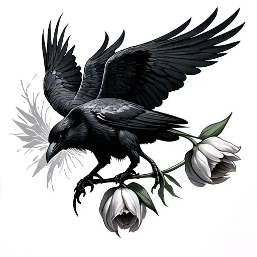 gothic dark raven flying at viewer both wings spread open carrying 2 tulips in claws, detailed feathers realistic spooky tattoo design idea