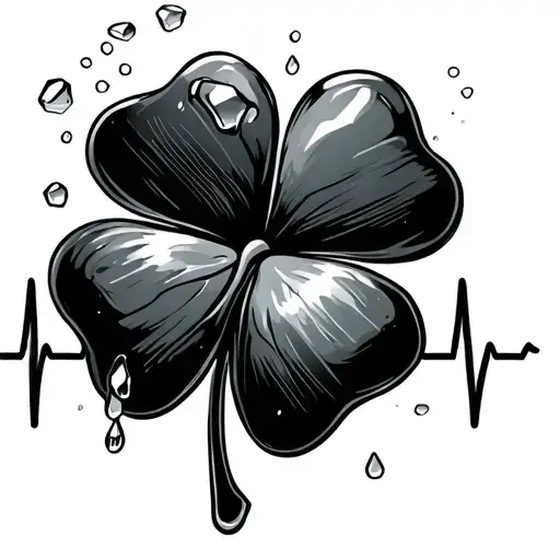 a heartbeat line going into a 4 leaf clover with tears and broken glass to represent surviving a car crash tattoo design idea