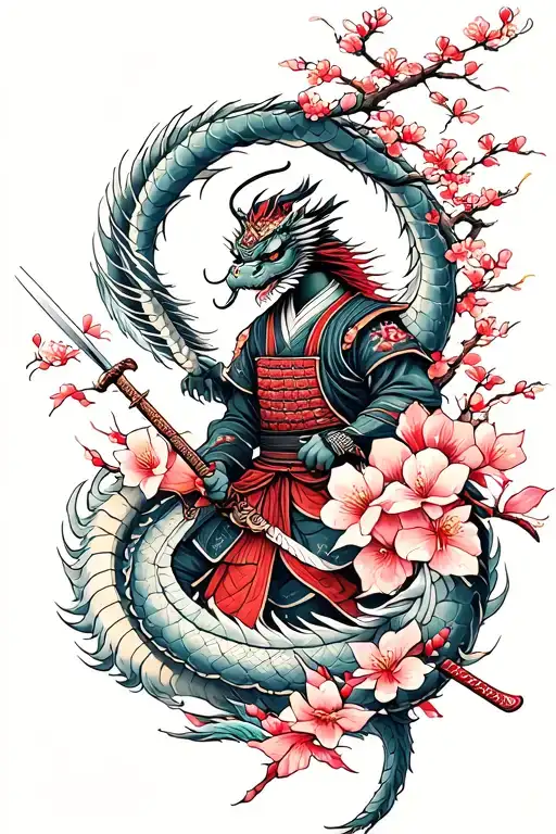 Kinda like this but samurai themed concept tattoo Like dragons, samurai, swords, cherry blossom tree tattoo design idea