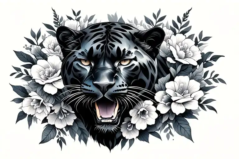 Neo traditional panther with flowers around the outside full body tattoo design idea