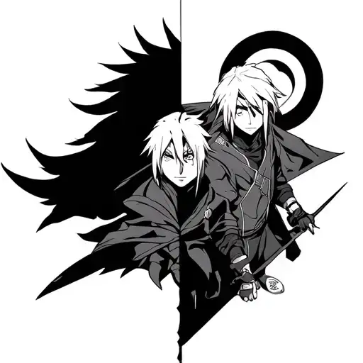  Edward and Alphonse Elric, plus small symbols from Naruto, Boku no Hero, and Bleach. Bold lines, soft shading tattoo design idea