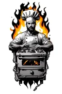 chef chained to stove surrounded by flames wrapped tattoo design idea