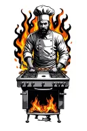 chef chained to stove surrounded by flames wrapped tattoo design idea