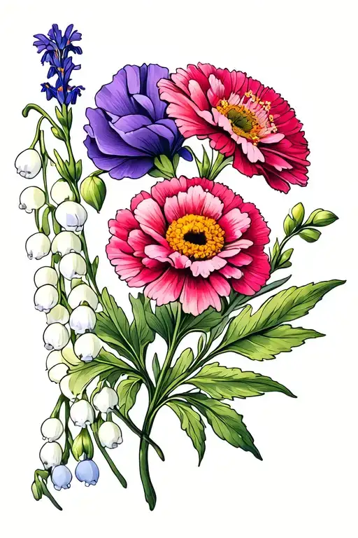 carnation, violet, daisy, sweet pea, lily of the valley, hawthorne, larkspur, marigold, narcissus flowers tattoo design idea
