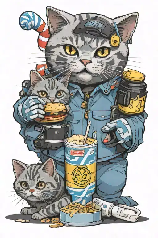 Cute British Shorthair Short footed Blue Cat, McDonald's Burger, Miami Gloves in CSGO, Diamond, Sun tattoo design idea