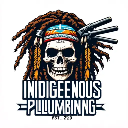 "INDIGENOUS PLUMBING EST.2020" skull dreadlock Native American warrior fixing a drain tattoo design idea