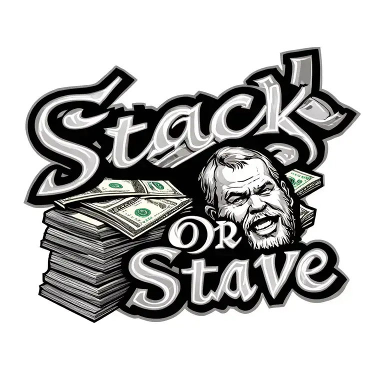 money stack of cash & a starving men hungry & with it saying in words Stack Or Stave tattoo design idea