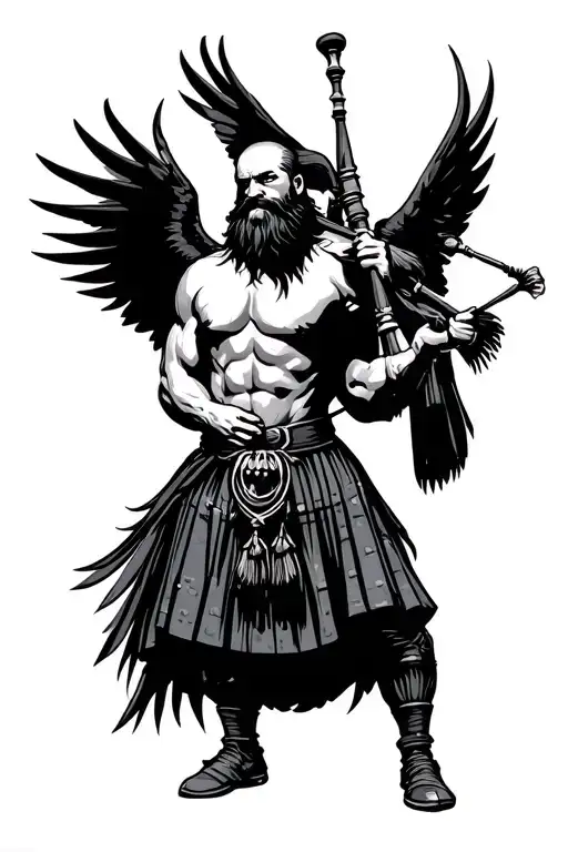 muscular bagpiper bald black beard black huge wings on his back playing the bagpipes flying crow with claws tattoo design idea