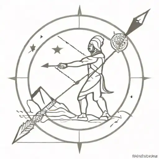 The design of an Iranian warrior with the sun, the moon, the compass, the mountain, the sea, and the arrow tattoo design idea