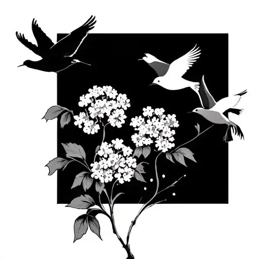 baby's breath flowers with six birds flying tattoo design idea