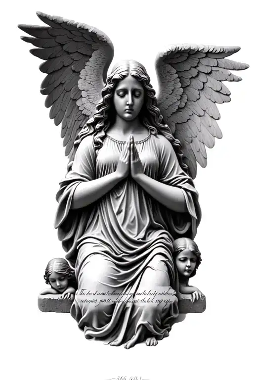 1600 angel women crying hands together, stone covering her 3 scriptures written, 2 small angels each side praying crying tattoo design idea
