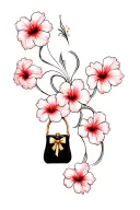 multiple red hibiscus flowers around black purse and gold bow tattoo design idea