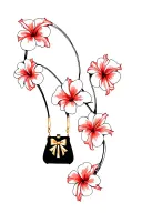 multiple red hibiscus flowers around black purse and gold bow tattoo design idea