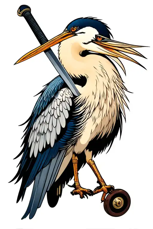 Japanese Heron sword with Wheel turning its head tattoo design idea