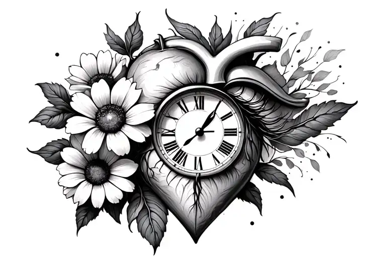 anatomical heart clock eye flowers tattoo design idea