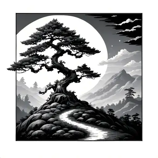 bonsai tree on a hill with a path leading towards tattoo design idea
