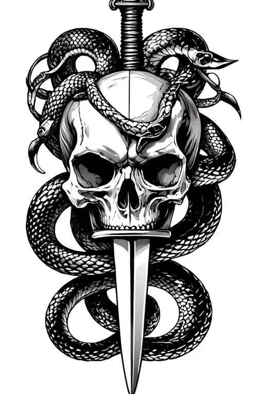 skull and dagger and snake tattoo design idea