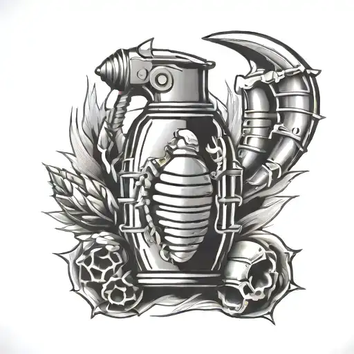 grenade with scorpion claws against the background of cartridges tattoo design idea