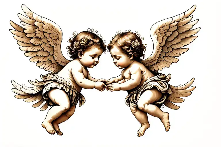 two baby angels holding hands tattoo design idea