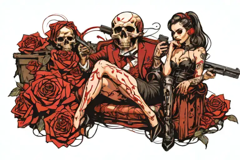 skull roses and guns goth gangster pin up girl sitting with him tattoo design idea