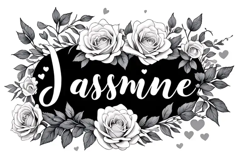 jasmine in cursive font surrounded by roses and hearts tattoo design idea