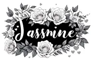 jasmine in cursive font surrounded by roses and hearts tattoo design idea