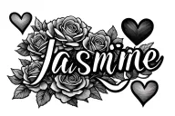 jasmine in cursive font surrounded by roses and hearts tattoo design idea