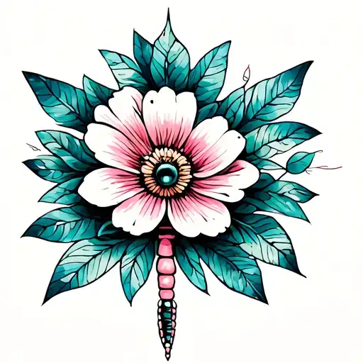 dainty art deco dragon fly with a flower  tattoo design idea