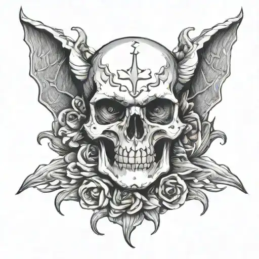 pale petite sexy woman demon with her feet soles resting on top of a skull tattoo design idea