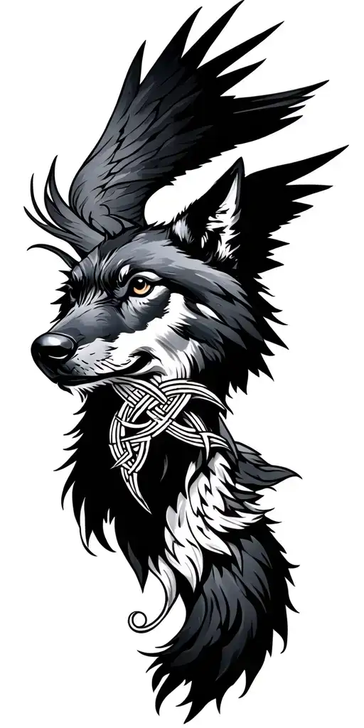 viking knotwork design incorporating animals wolves, crow tattoo design idea