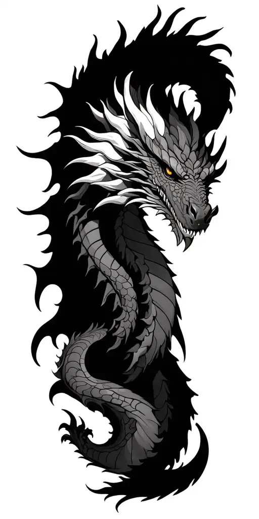 Give me an image of a tattoo of the right arm, complete with an American dragon who occupies the entire arm, with the head tattoo design idea