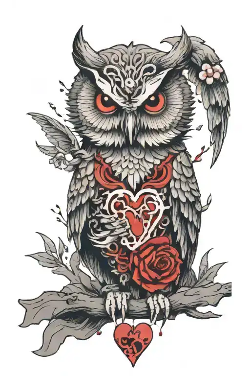 owl with fangs eating human heart with playstation 5 underneath  tattoo design idea