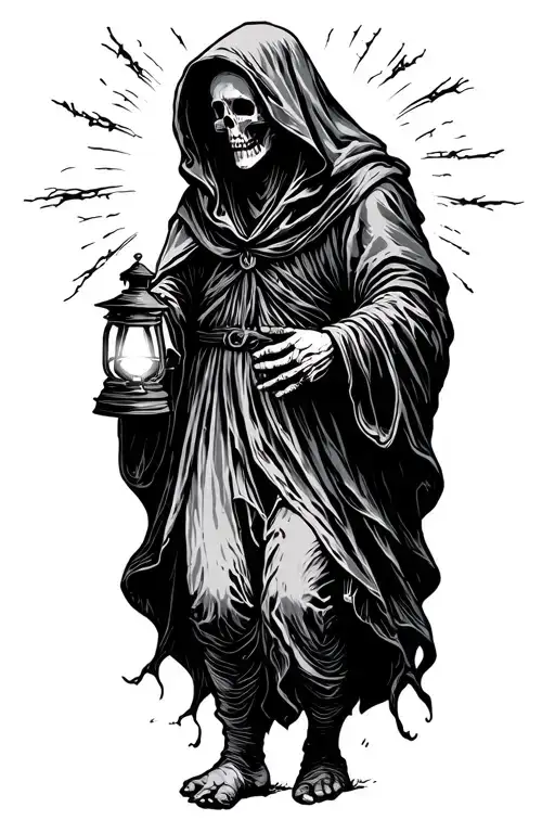 The hermit tarot walking sideways in darkness holding lantern emitting light. Skull face cloaked in hood tattoo design idea