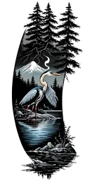 mountian,running water, cypress trees,great blue heron tattoo design idea