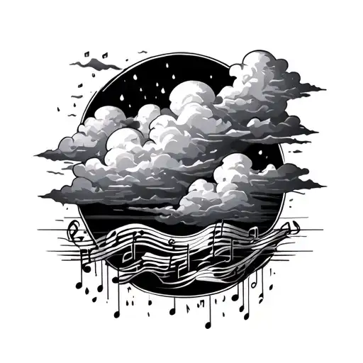 small piece of Greek and rain clouds and music tattoo design idea